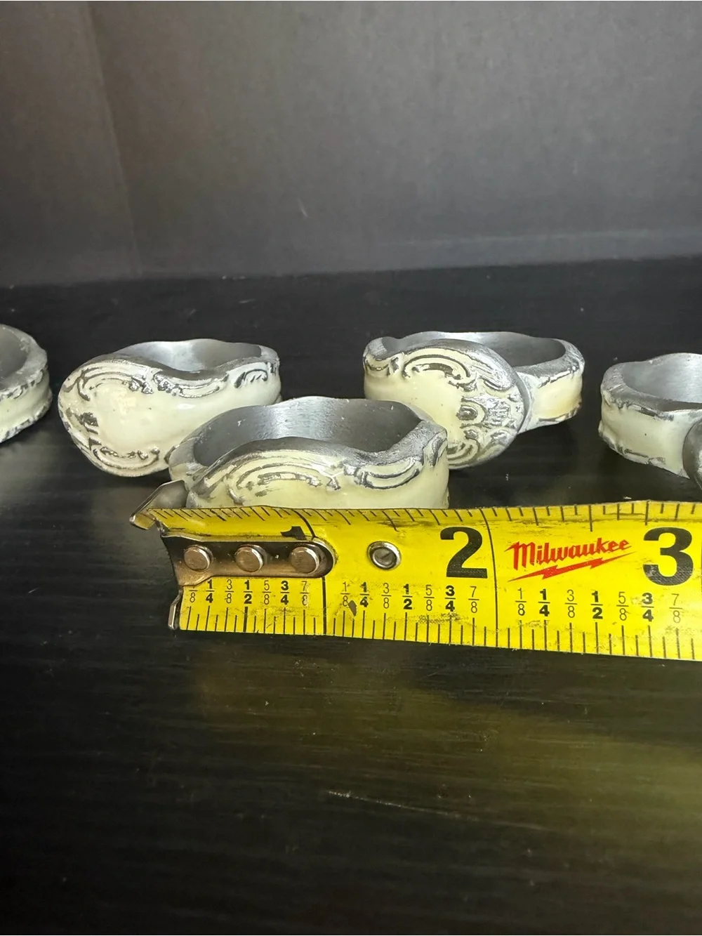 Vintage 6 Napkin Rings SPOON FLATWARE HANDLE DESIGN Metal IVORY CREAM ENAMEL